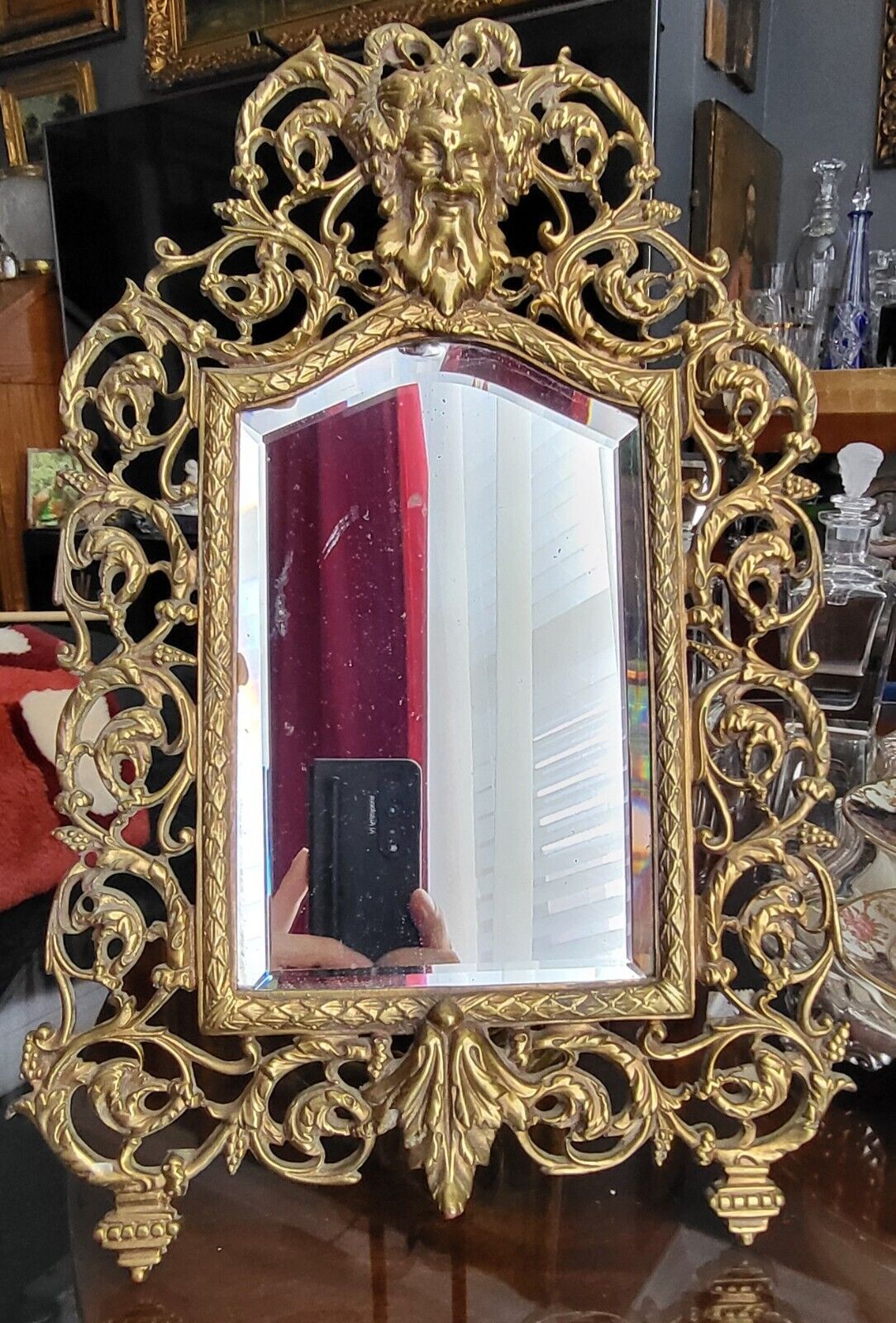 Antique Victorian Brass Frame Bacchus Wine God Beveled Mirror