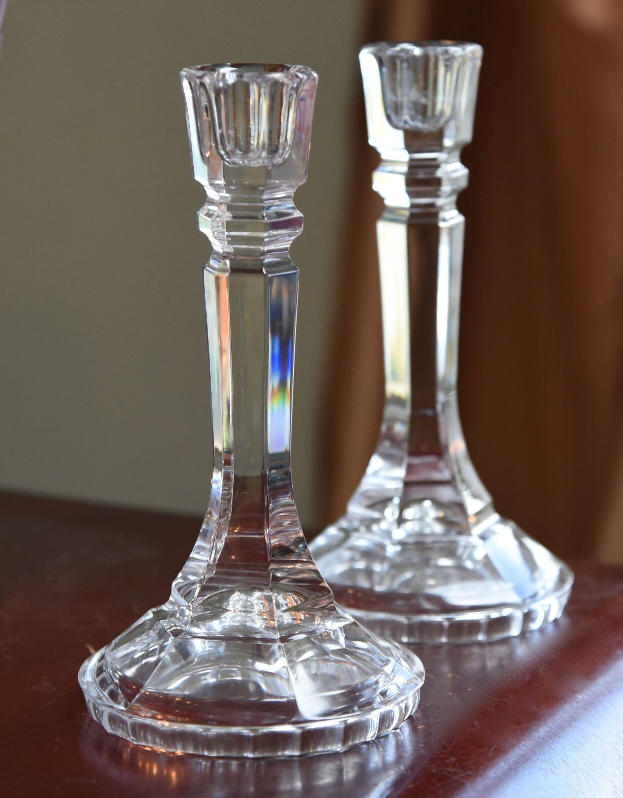 2 PC SET VINTAGE LEAD CRYSTAL TAPER CANDLESTICK HOLDERS QUALITY RAINBOWS 8.5\