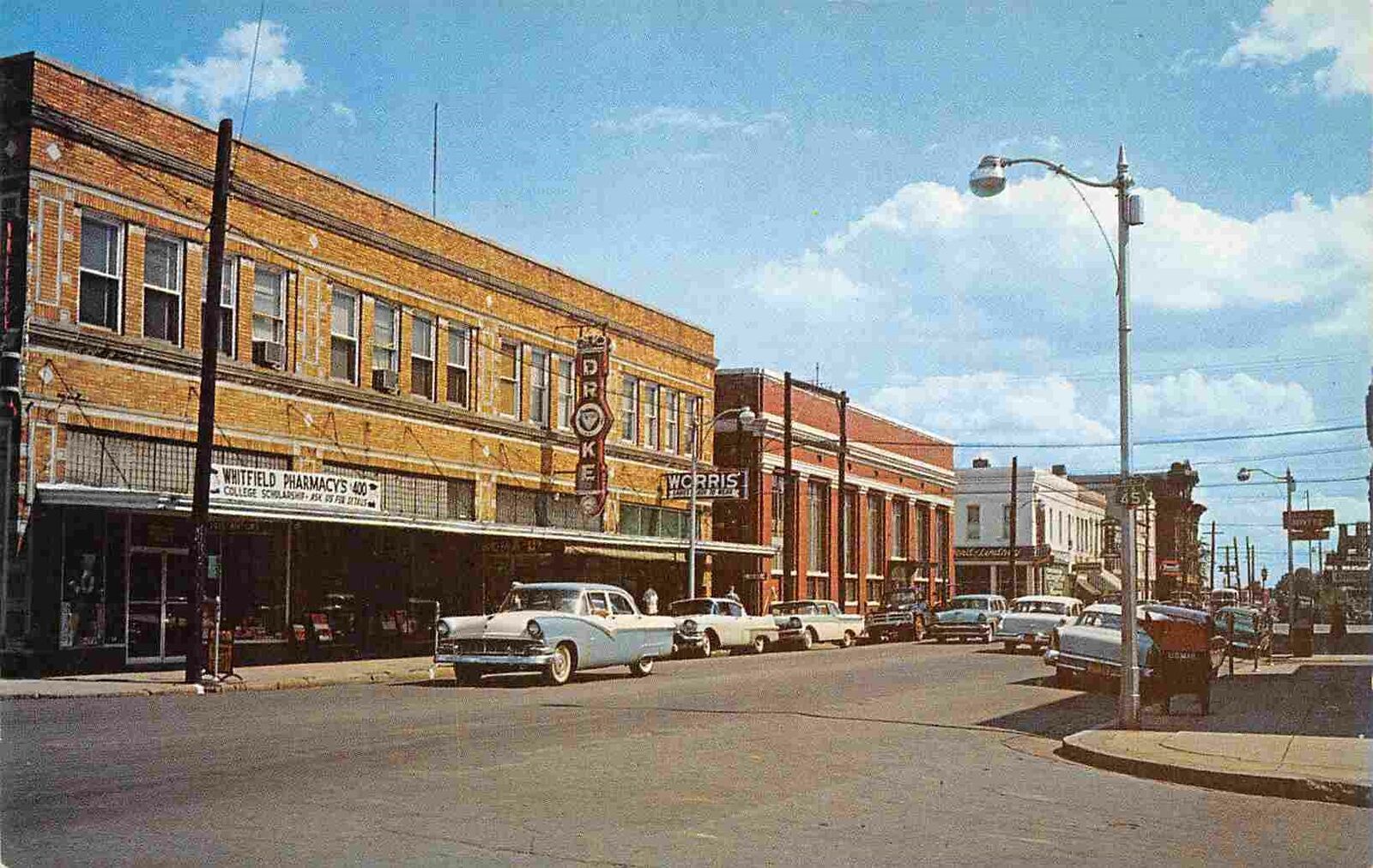 Street Scene Drug Store Corinth Mississippi 1950s postcard