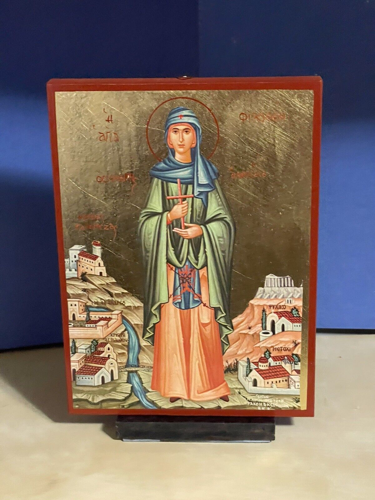 Saint Philothei of Athens -GREEK  WOODEN ICON FLAT, WITH GOLD LEAF 5x7 inch
