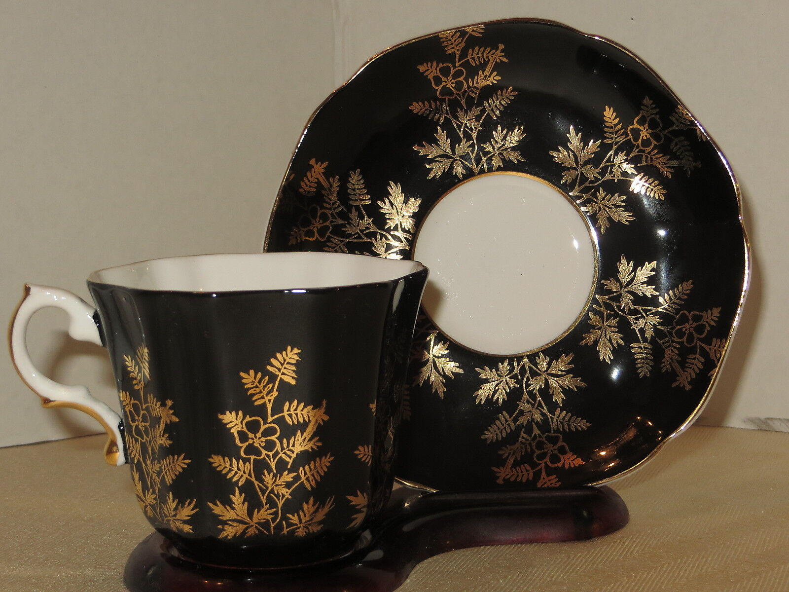 Royal Grafton Cup & Saucer Black With Gold Filigree Made in England