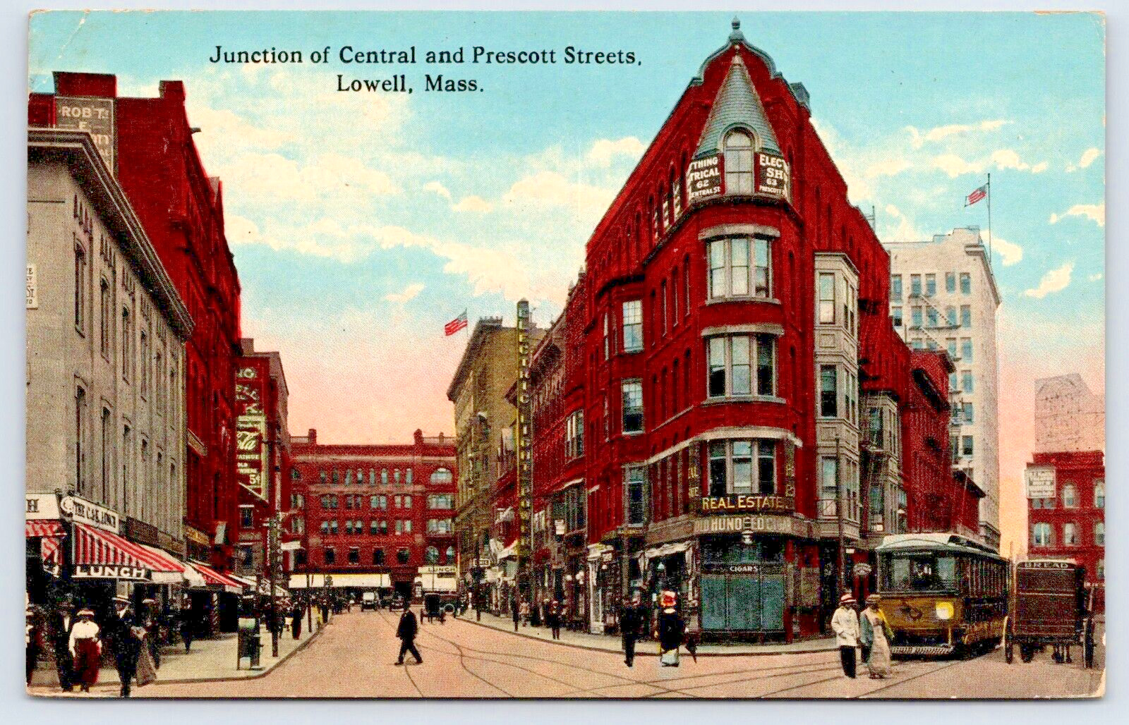 1915 Postcard Lowell Mass. Junction of Central and Prescott Streets Trolly   A8