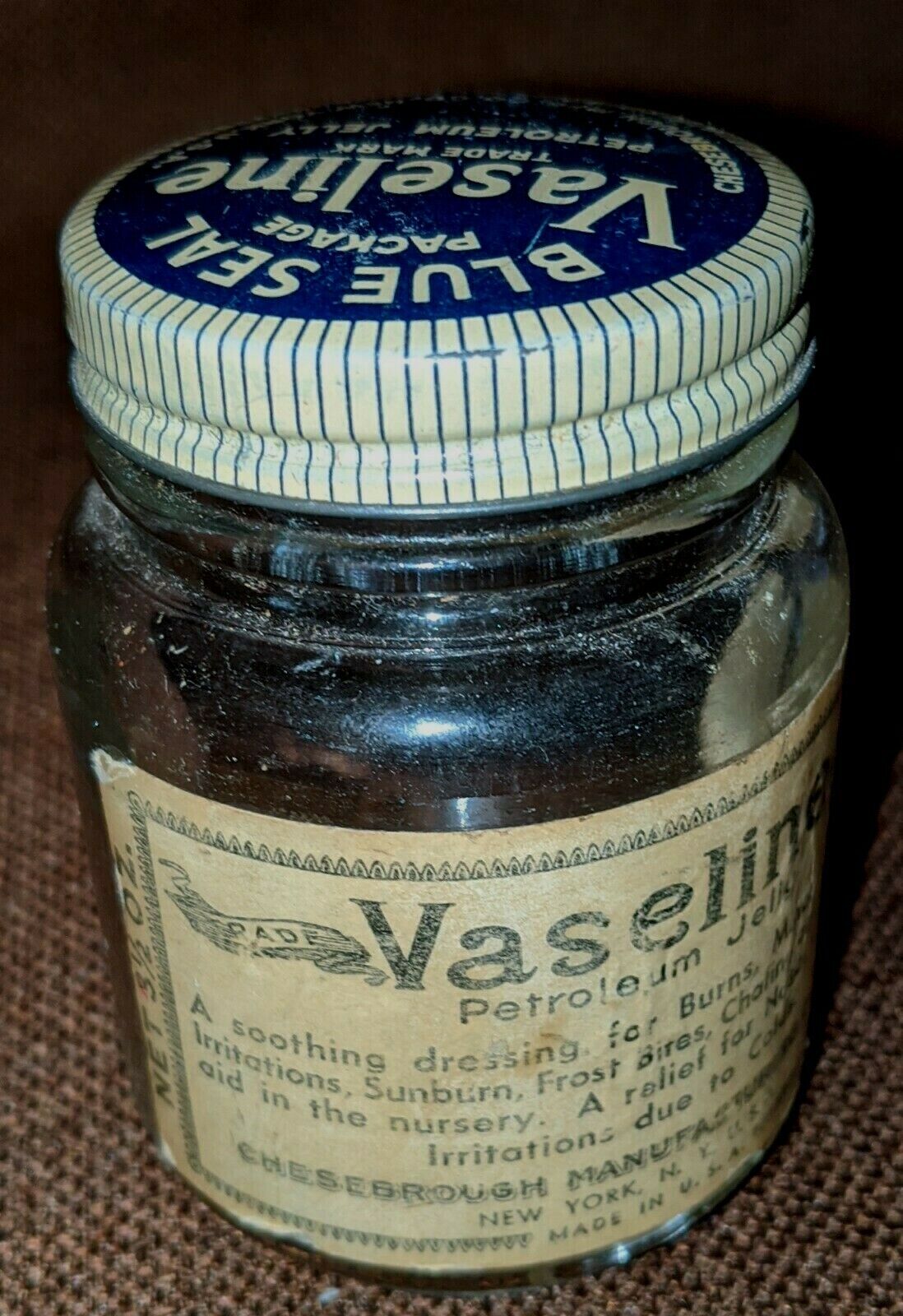 Vintage Vaseline Petroleum Jelly Blue Seal Glass Jar 3 1/2 Oz