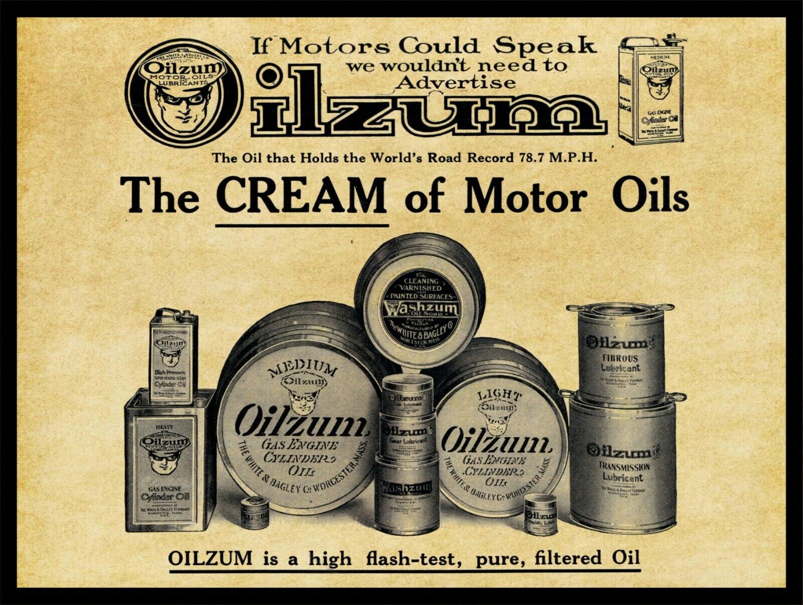 1914 Oilzum Motor Oil NEW Metal Sign: White & Bagley, Worcester, Massachusetts