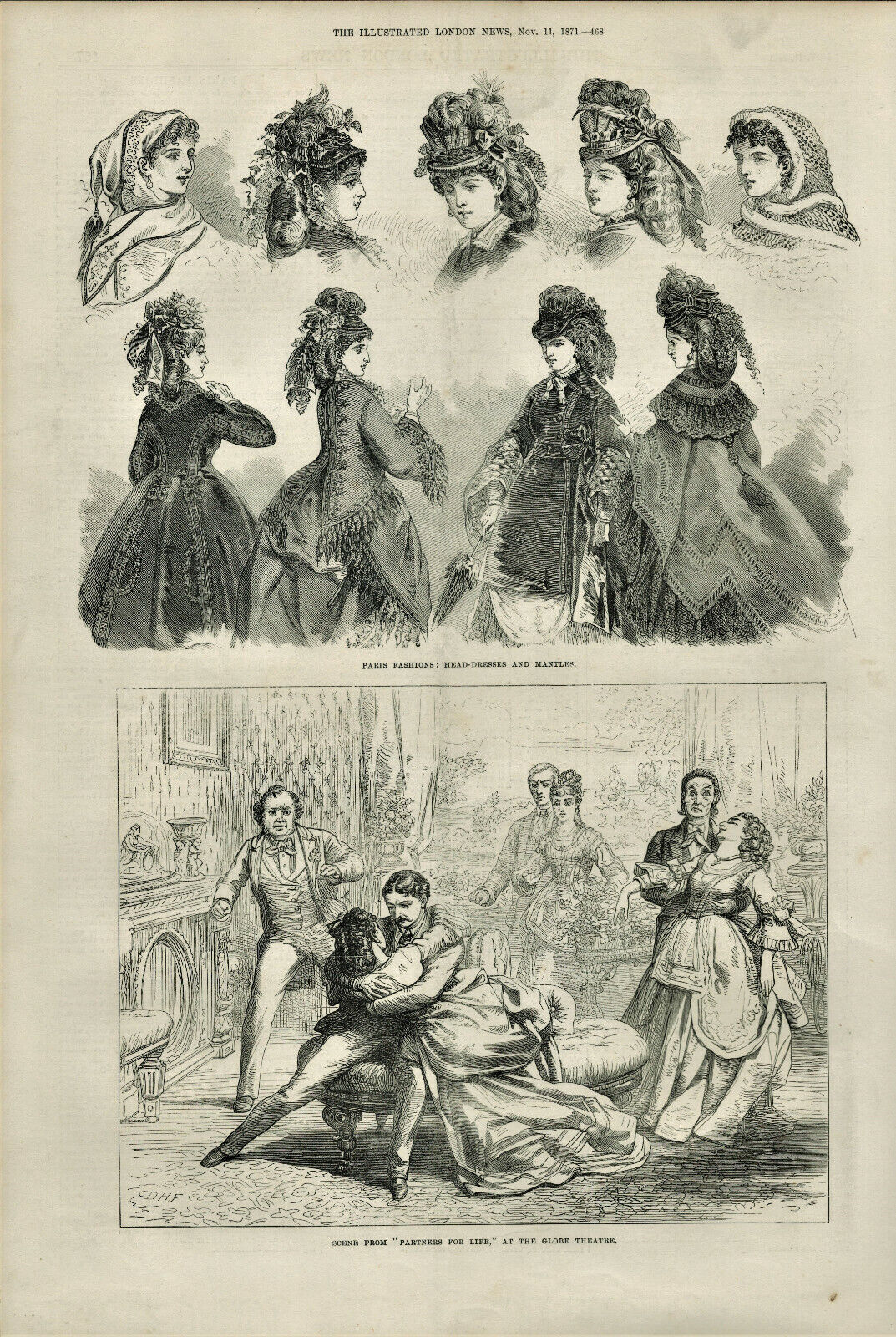 Antique B&W Illustrated Print Scene From Partners For Life Globe Theatre 1871