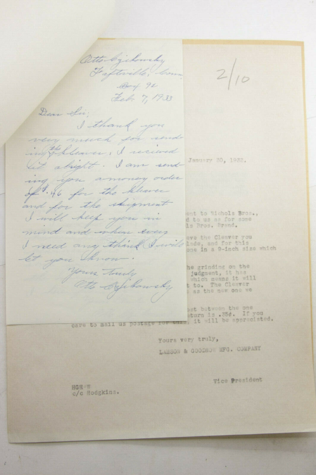 1933 Lamson Goodnow Otto Czikowsky Taftsville CT Handwritten Letr Ephemera P823K