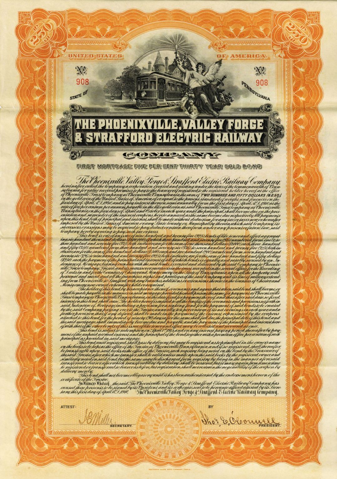 Phoenixville, Valley Forge and Strafford Electric Railway - 1910 dated $100 Gree