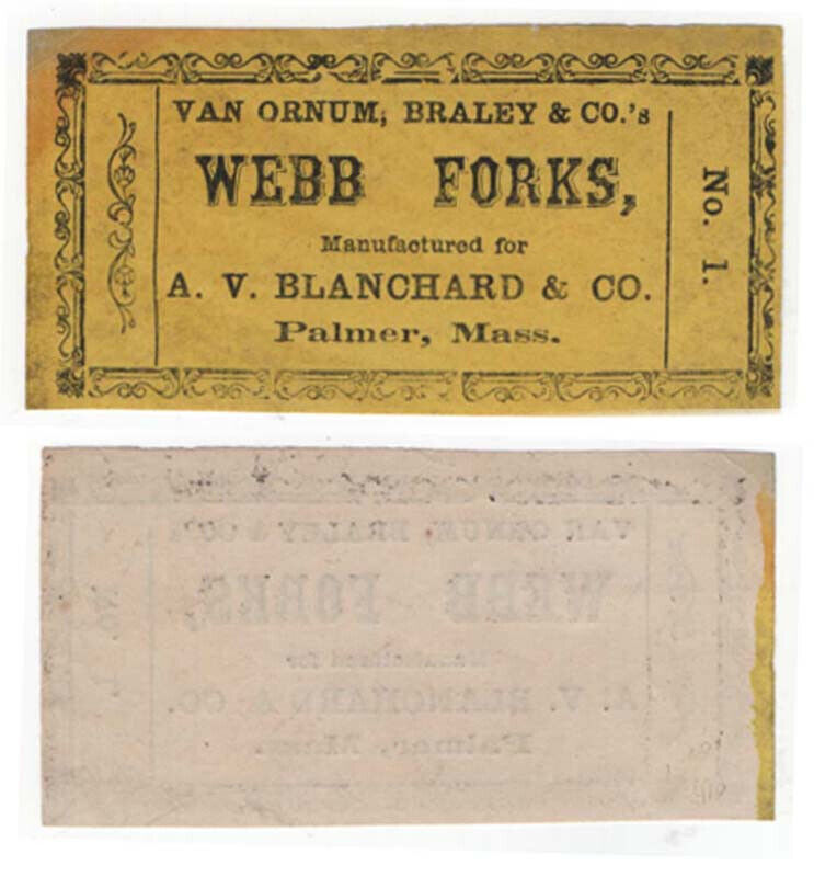 Van Ornum, Braley & Co.'s WEBB FORKS Label, A. V. Blanchard & Co., Palmer, MA