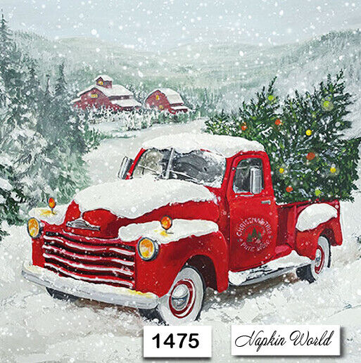(1475) TWO Paper Luncheon Decoupage Art Craft Napkins - CHRISTMAS RED TRUCK SNOW