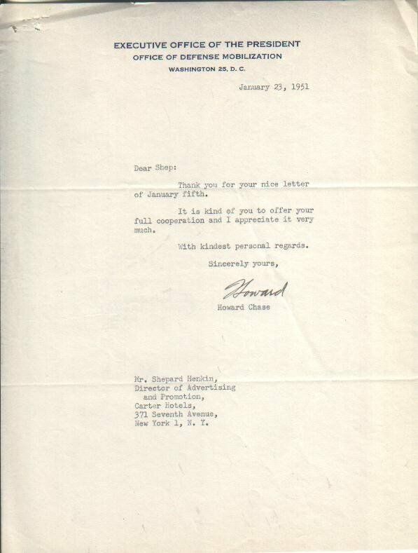 Howard Chase Autographed Letter 1951 The Office of Defense Mobilization