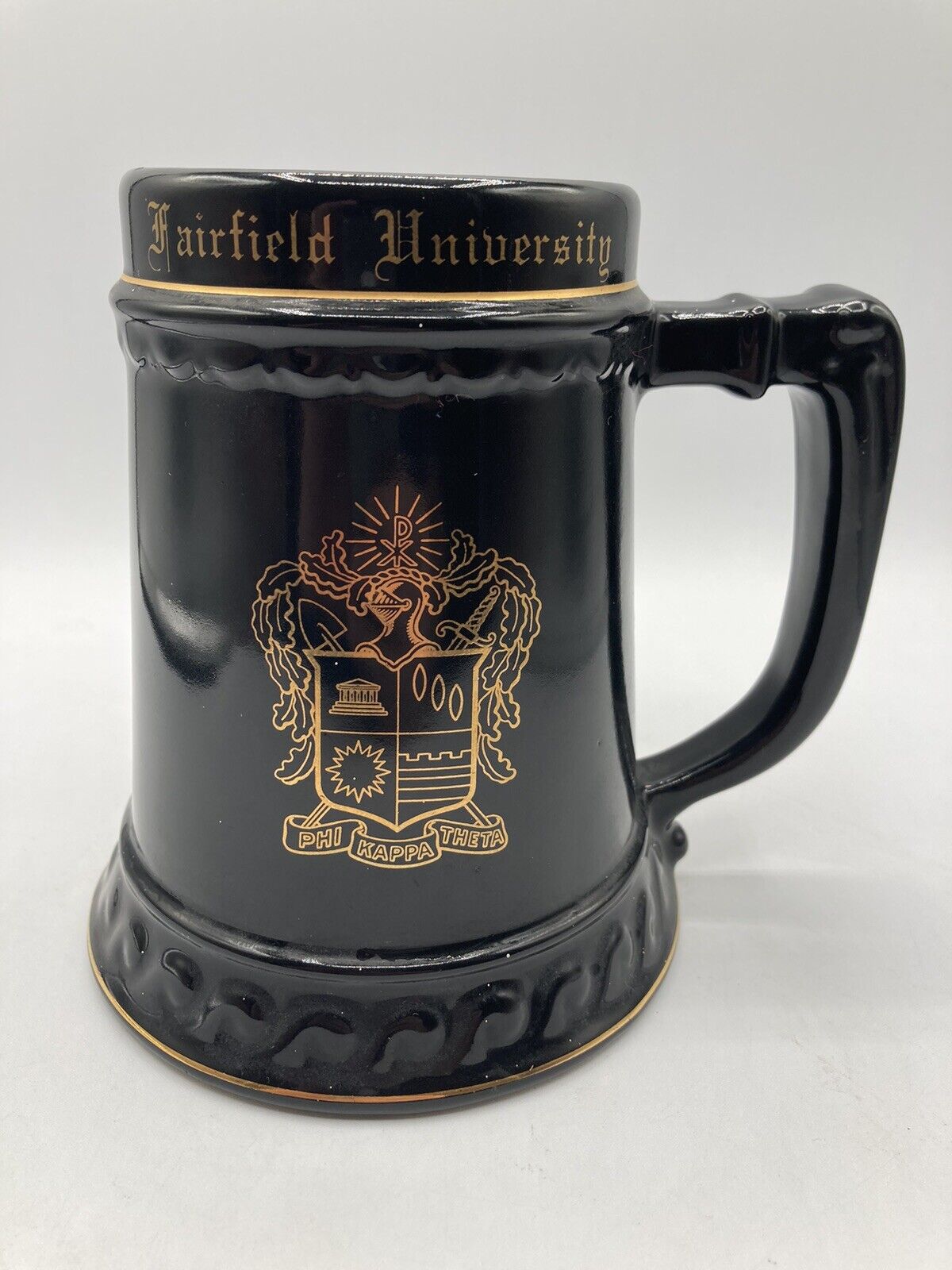 Fairfield University Beer Stein Mug Ceramic Black  - Gold Trim.
