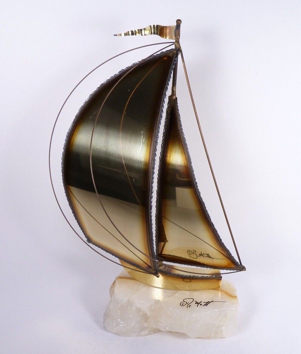 Vtg John DeMott Signed Brass Sailboat Sculpture Onyx Stone Base 9.25\