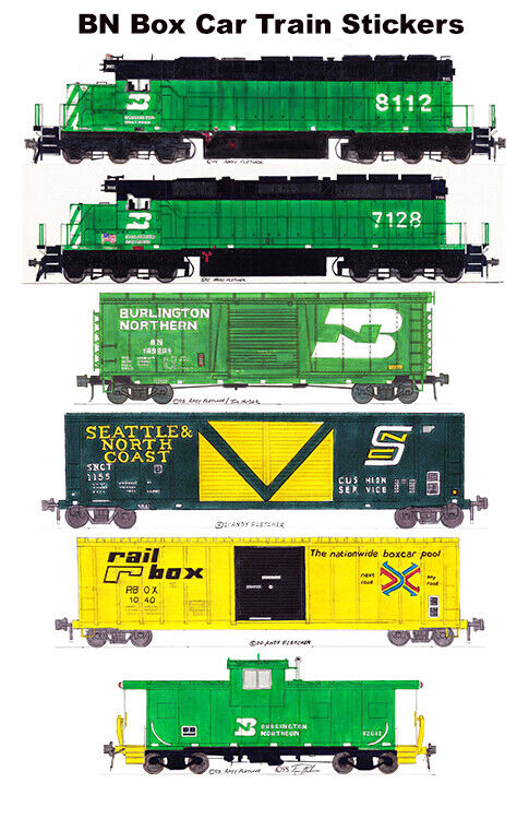 Burlington Northern Box Car Train 6 individual Stickers Andy Fletcher