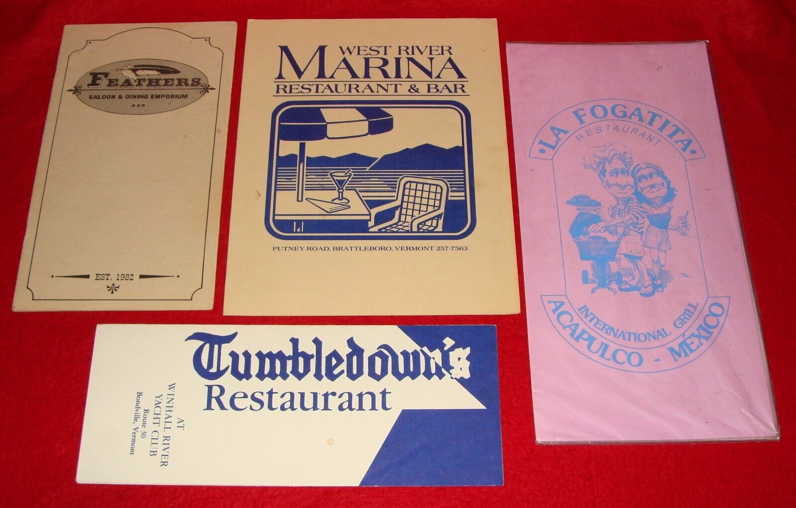 3 Vintage Restaurant Menus from Vermont Winhall Yacht Club Feathers etc +1 Bonus