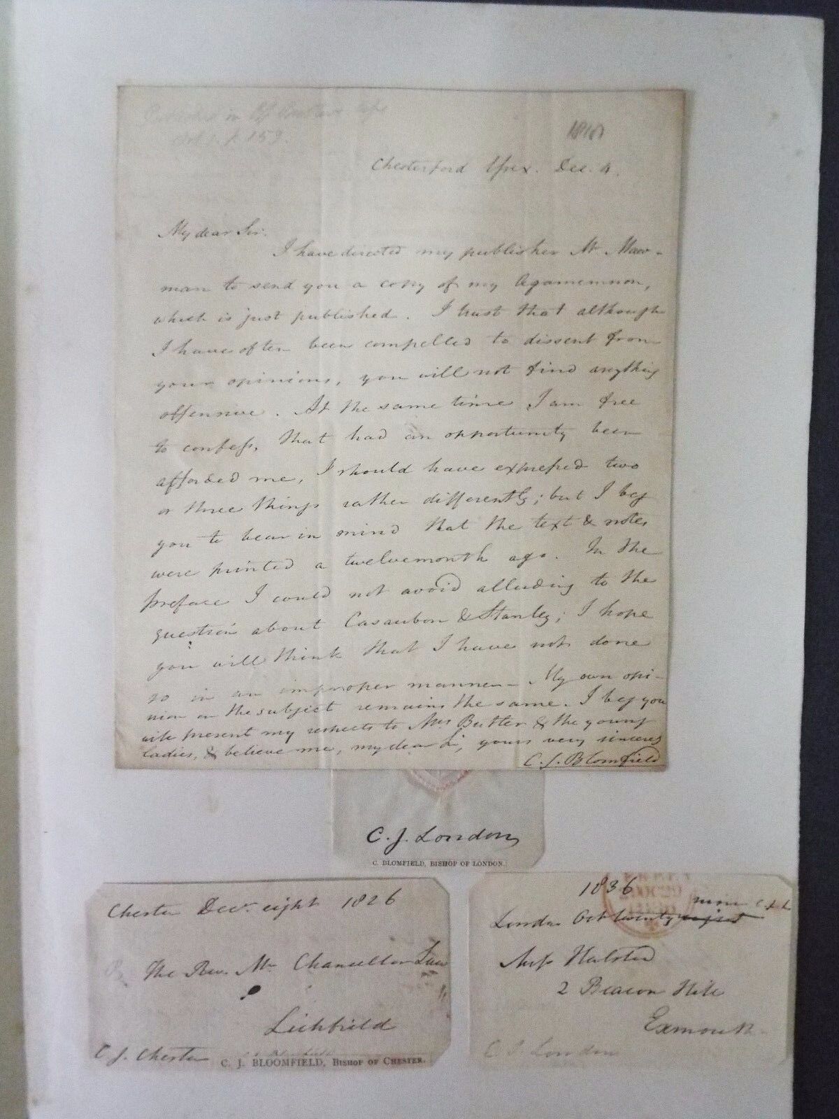 1830--C.J. Bloomfield - Bishop of London - 2 Letters,& Cut Signature + cards