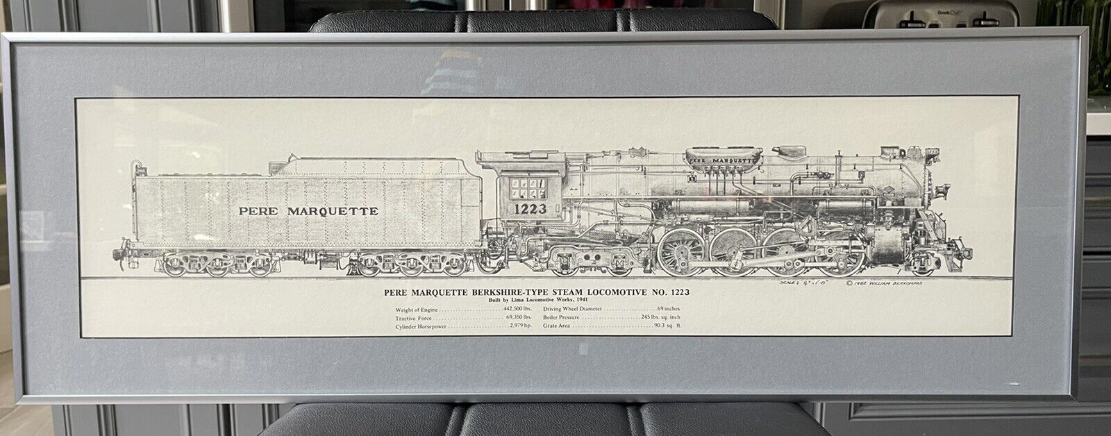 DRAWING Pere Marquette Berkshire-Type Steam Loco.William D. Berkompas1982 Framed