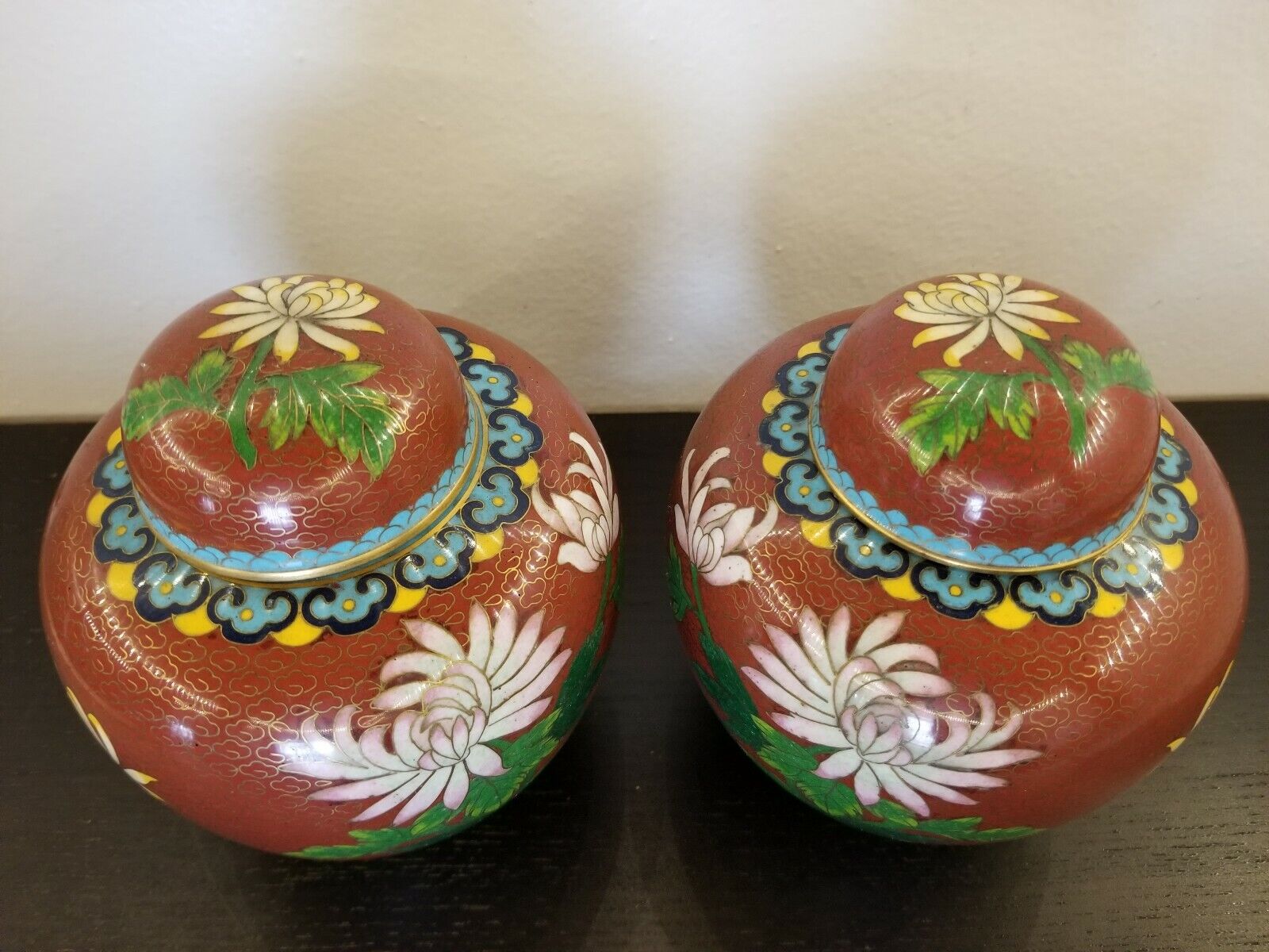 Cloisonne Ginger Jars Lidded Vase Pair