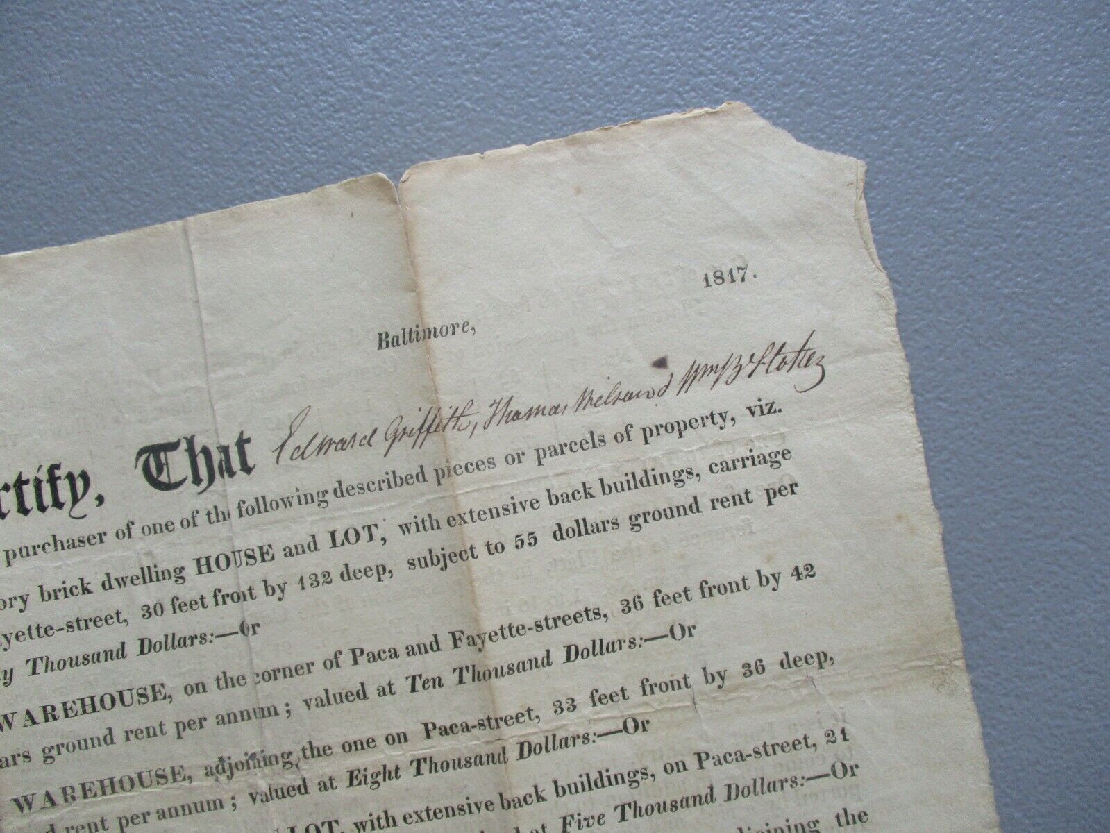 1817 Baltimore,(unknown signatures) Revolutionary War Captain Finley,signed deed