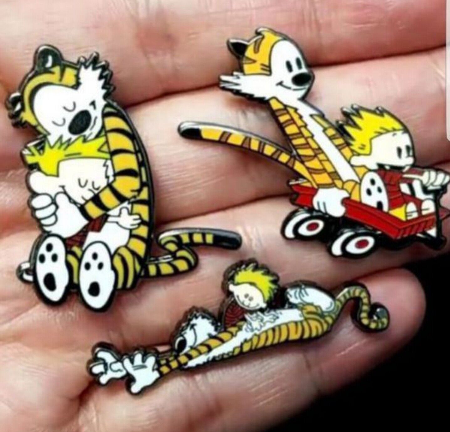 Calvin and Hobbes Hugging Wagon Scratching Lapel Pin Set