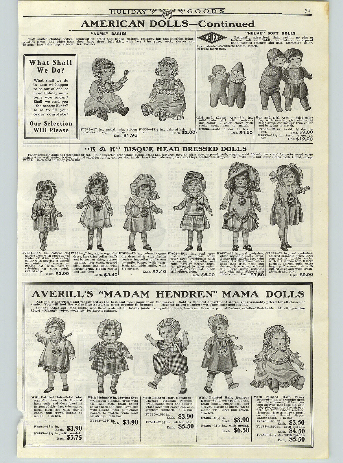 1922 PAPER AD Averill Madam Hendren Mama Dolls K&K Nelke Soft Doll Acme Kewpie