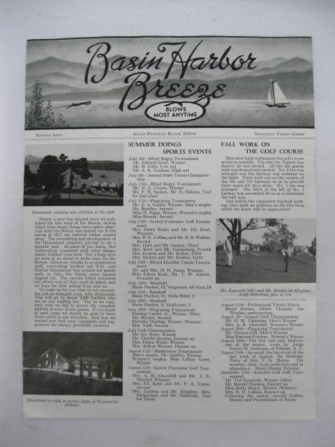 1938 Basin Harbor Breeze Ferrisburgh Vergennes Vt Newsletter Vtg Hotel Golf Club