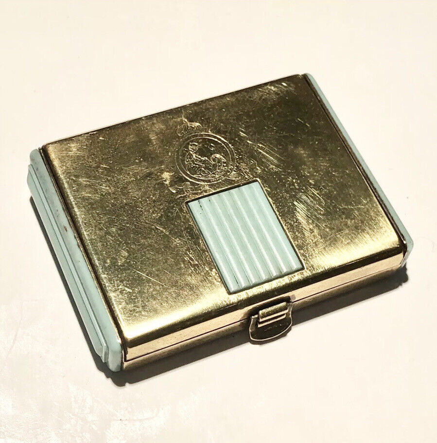 Vintage Coty Art Deco Aqua Blue Celluloid Mirrored Metal Compact Box