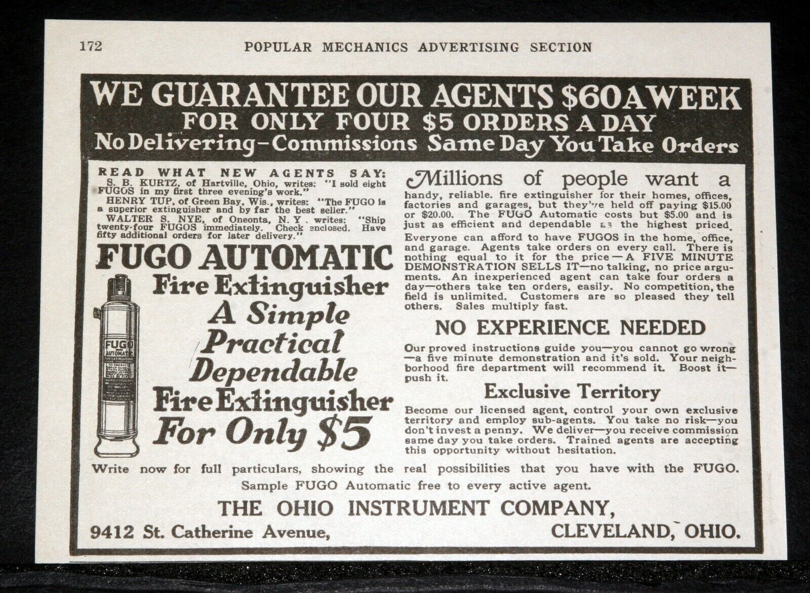 1916 OLD MAGAZINE PRINT AD, OHIO INSTRUMENT, FUGO AUTOMATIC FIRE EXTINGUISHER 