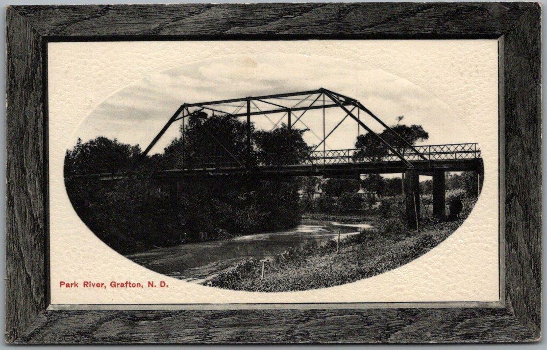 Grafton, North Dakota Postcard Park River Bridge View Bloom Bros. Gel Embossed