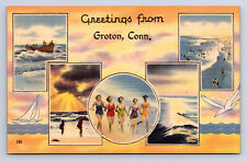 Vintage Postcard Greetings from Groton CT Multiview Women on Beach Linen Q18 picture