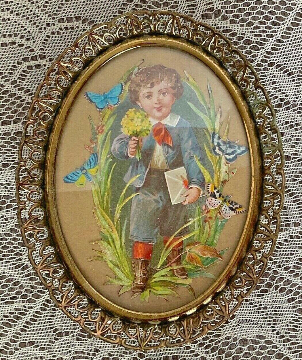 Very pretty Framed Victorian Die Cut butterflies, little boy delivers love note