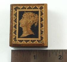 Antique Tunbridge Ware Wood Stamp Box - Queen Victoria Bust, circa 1880's picture