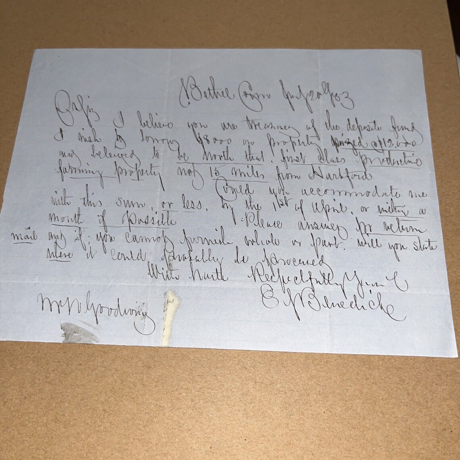 1800s Bethel CT Letter to Hartford Treasurer Asking to Borrow $8000 on Farmland