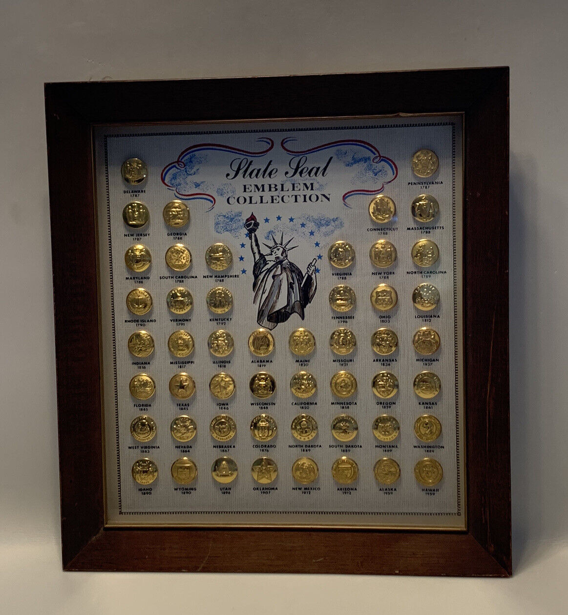 VINTAGE WATERBURY CO. STATE SEAL EMBLEM COLLECTION BUTTONS FRAMED COMPLETE SET
