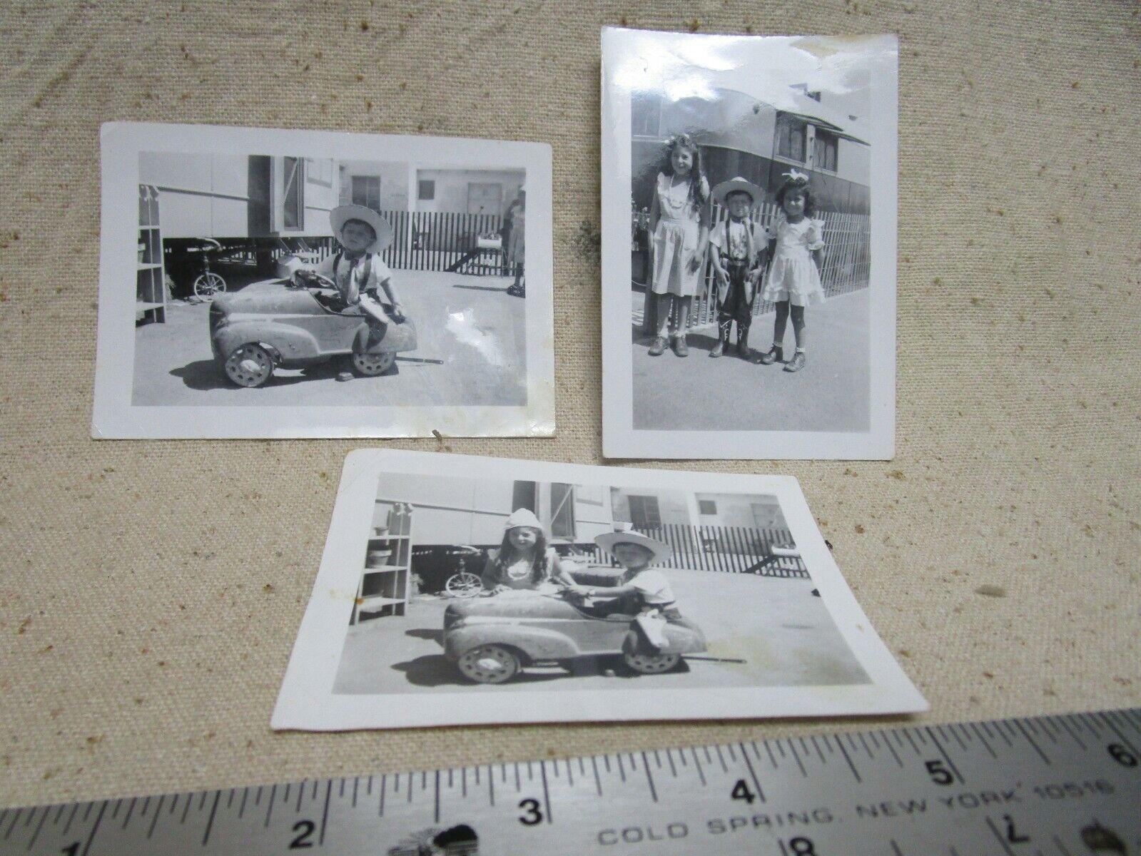 Vtg 1940\'s Original B&W Photo BOYS & GIRLS w/ Pedal car & Cowboy Holster 