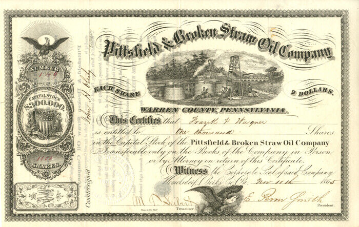 Pittsfield and Broken Straw Oil Co. - 1865 dated Pennsylvania Oil Stock Certific
