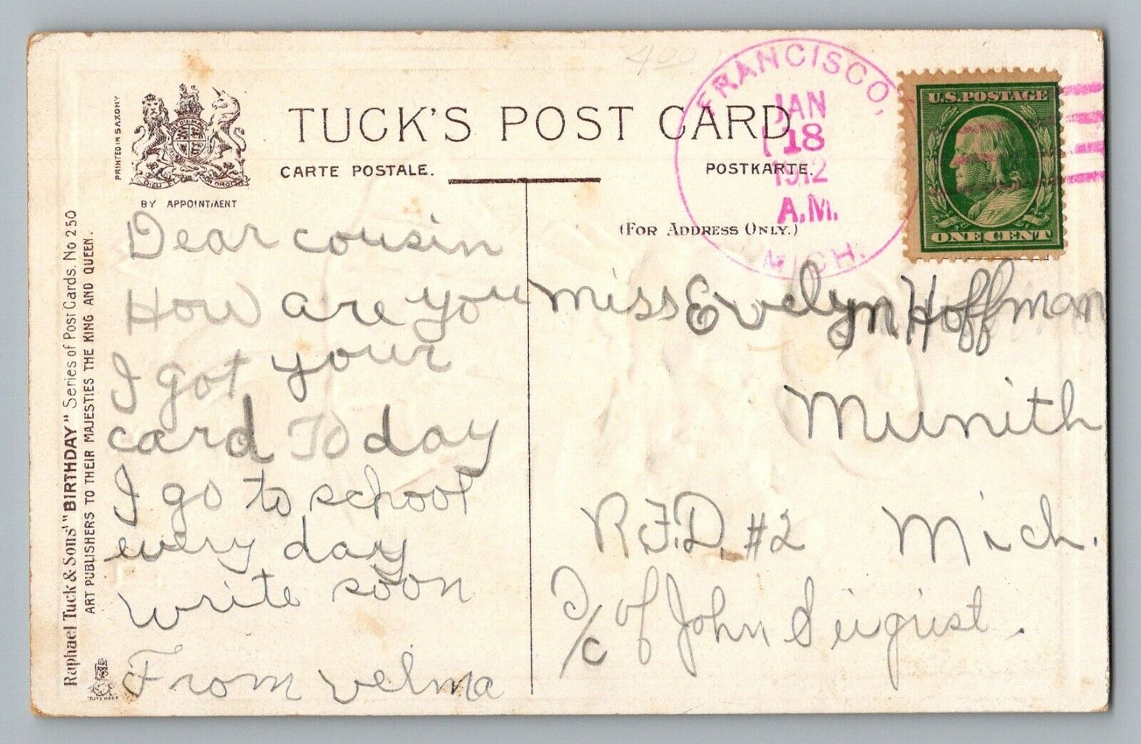 Francisco Michigan Jackson County 1912 Pink 4-Bar Cancel DPO 1877-1914 Postcard 