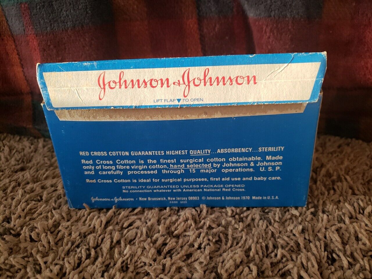 Vintage 1970 Johnson & Johnson, Red Cross Sterile Cotton with box