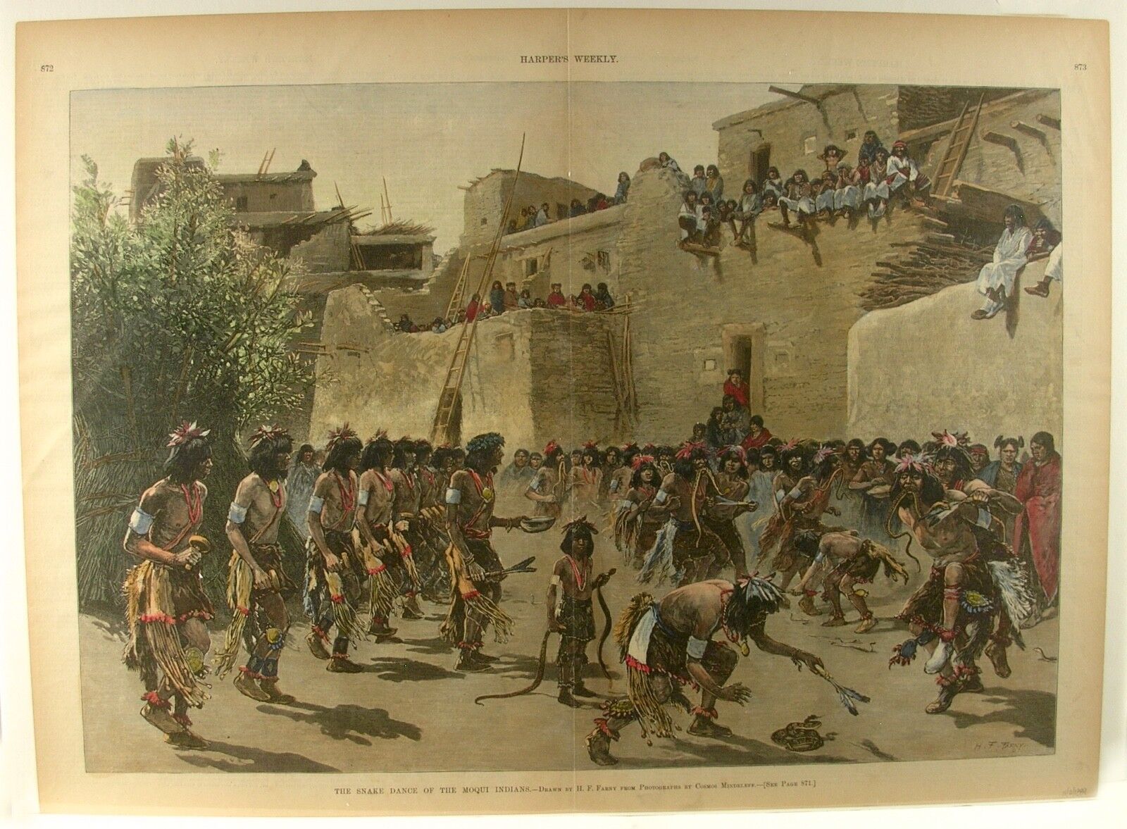 1889 Woodblock Print»Harpers Weekly 2pg»Hand-color»Snake Dance of the Moqui«FINE