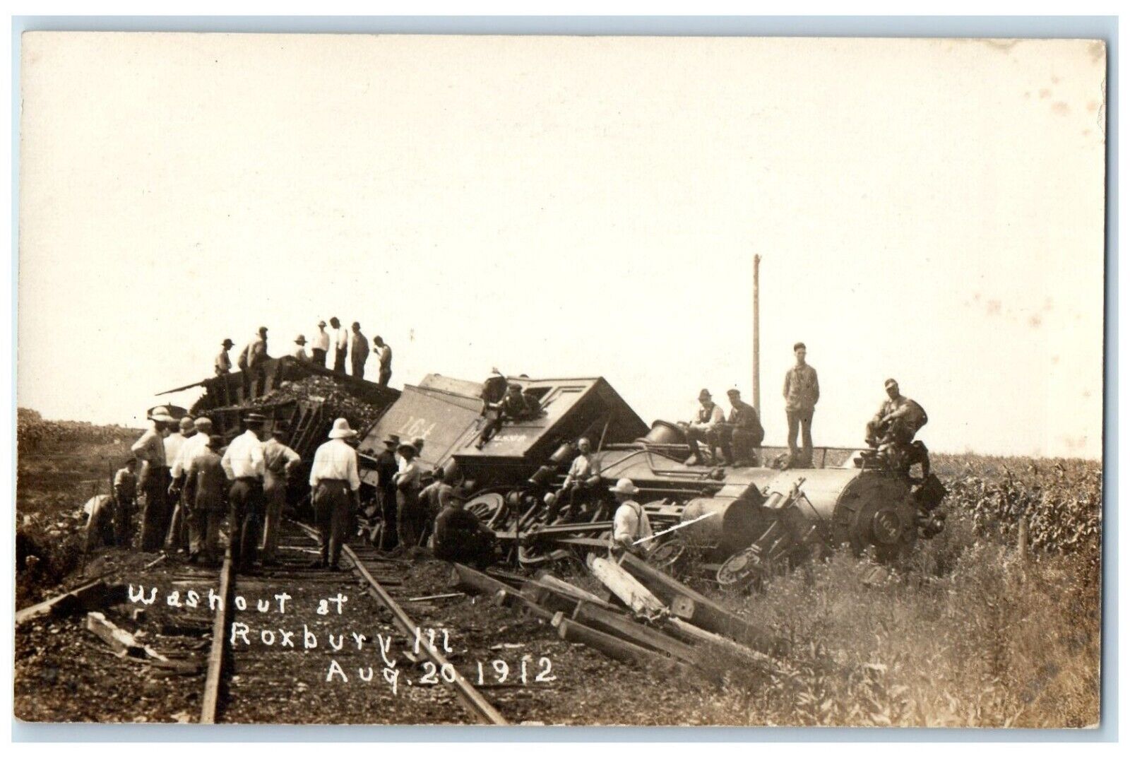 1912 Washout At Roxbury Illinois IL, Train Accident RPPC Photo Antique Postcard