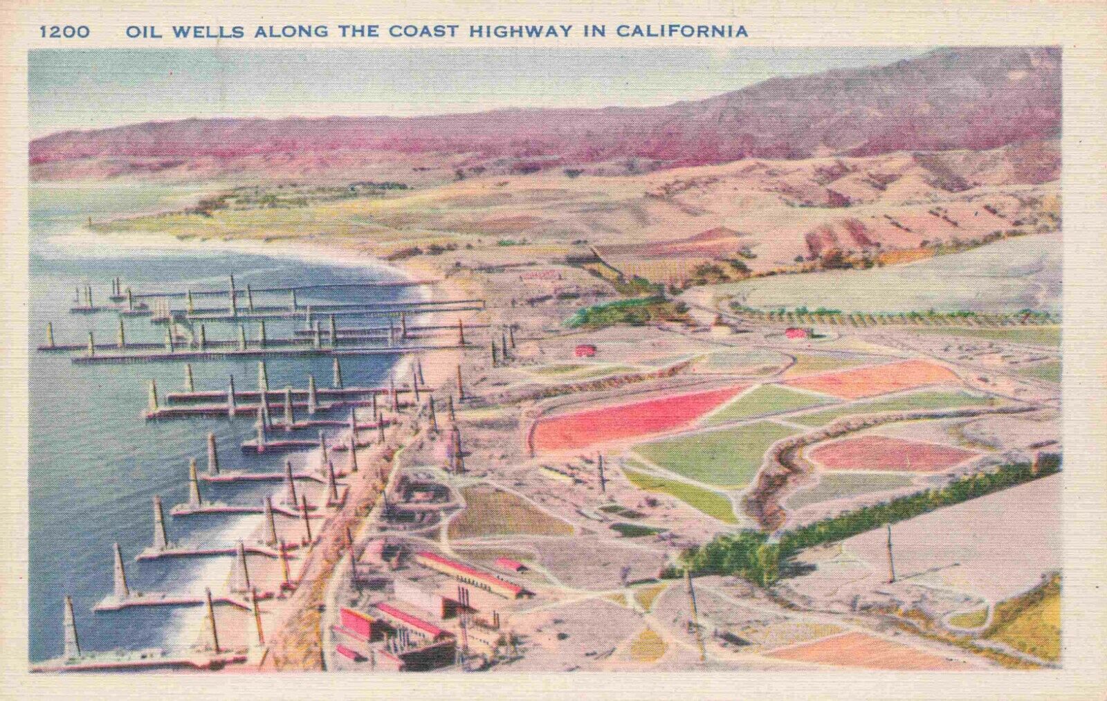 Oil Wells Ocean California Pacific Coast Highway 101 Vintage Linen CA Postcard