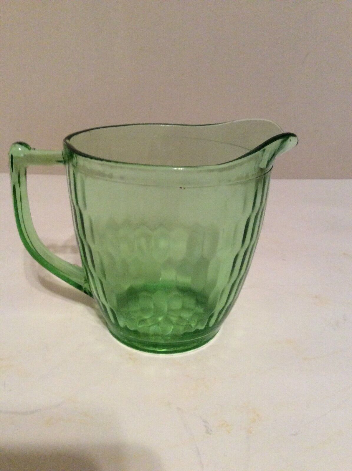 Vintage Depression Glass Green Pitcher Sunflower Base Hex Optic 5 1/4\'