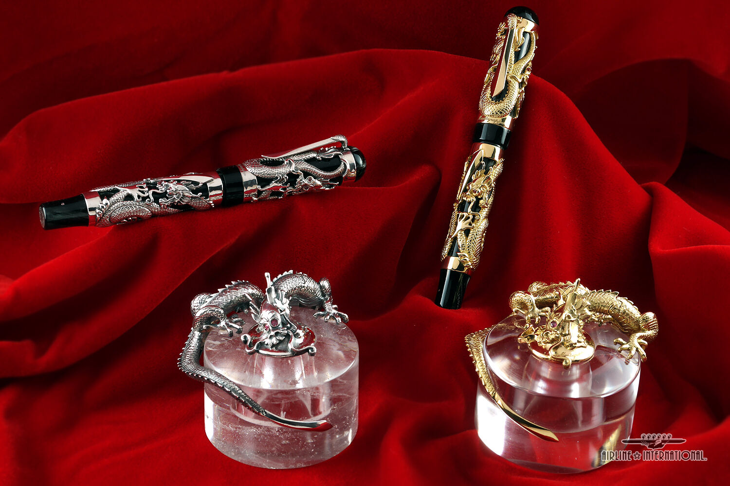 Montegrappa 1995 Dragon LE Gold FP & Silver FP Matching # Set with Inkwells