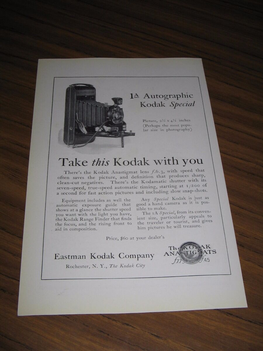 1924 Print Ad Kodak 1A Autographic Special Rochester,NY