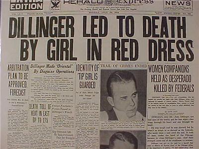 VINTAGE NEWSPAPER HEADLINE ~CRIME GANGSTER KILLED JOHN DILLINGER GUN SHOT DEAD~