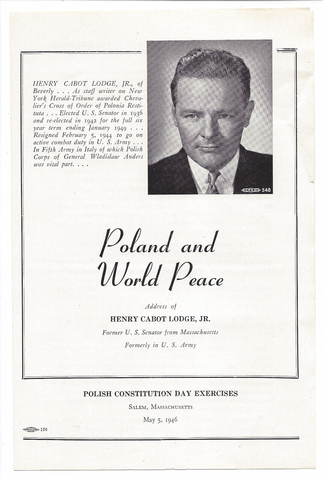 1946 Henry Cabot Lodge Jr. Massachusetts Poland Constitution Day Speech brochure