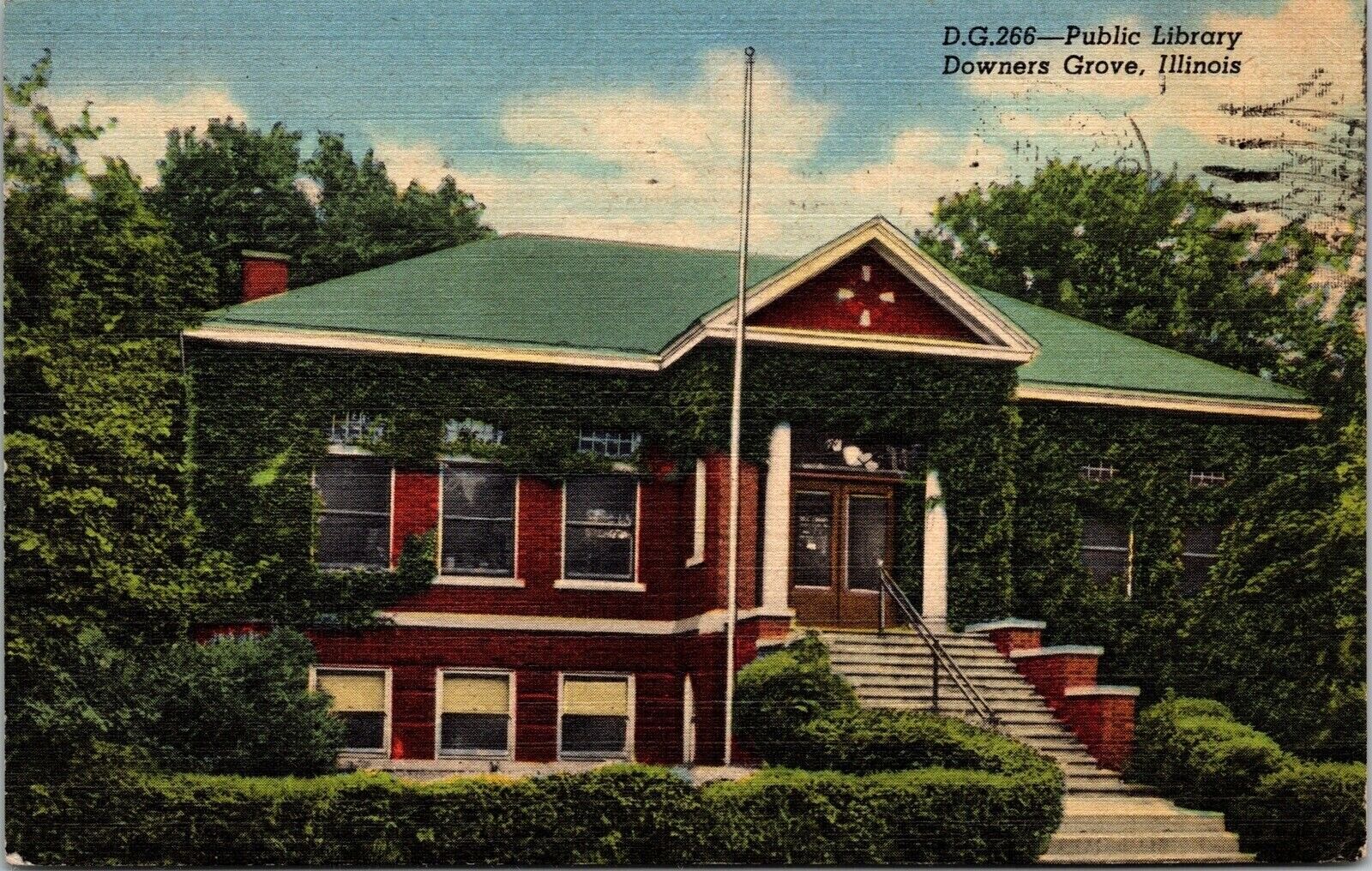 Public Library Building Downers Grove Illinois Linen Cancel WOB Postcard