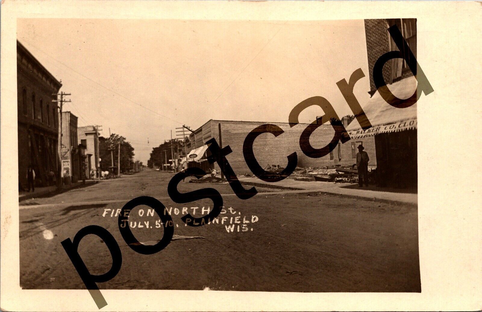 1910 PLAINFIELD WI, Fire on North St, July 5, LS Walker Co, RPPC postcard jj225