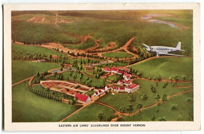 Vintage Postcard Eastern Airlines Silverliner over Mount Vernon Virginia Unposte