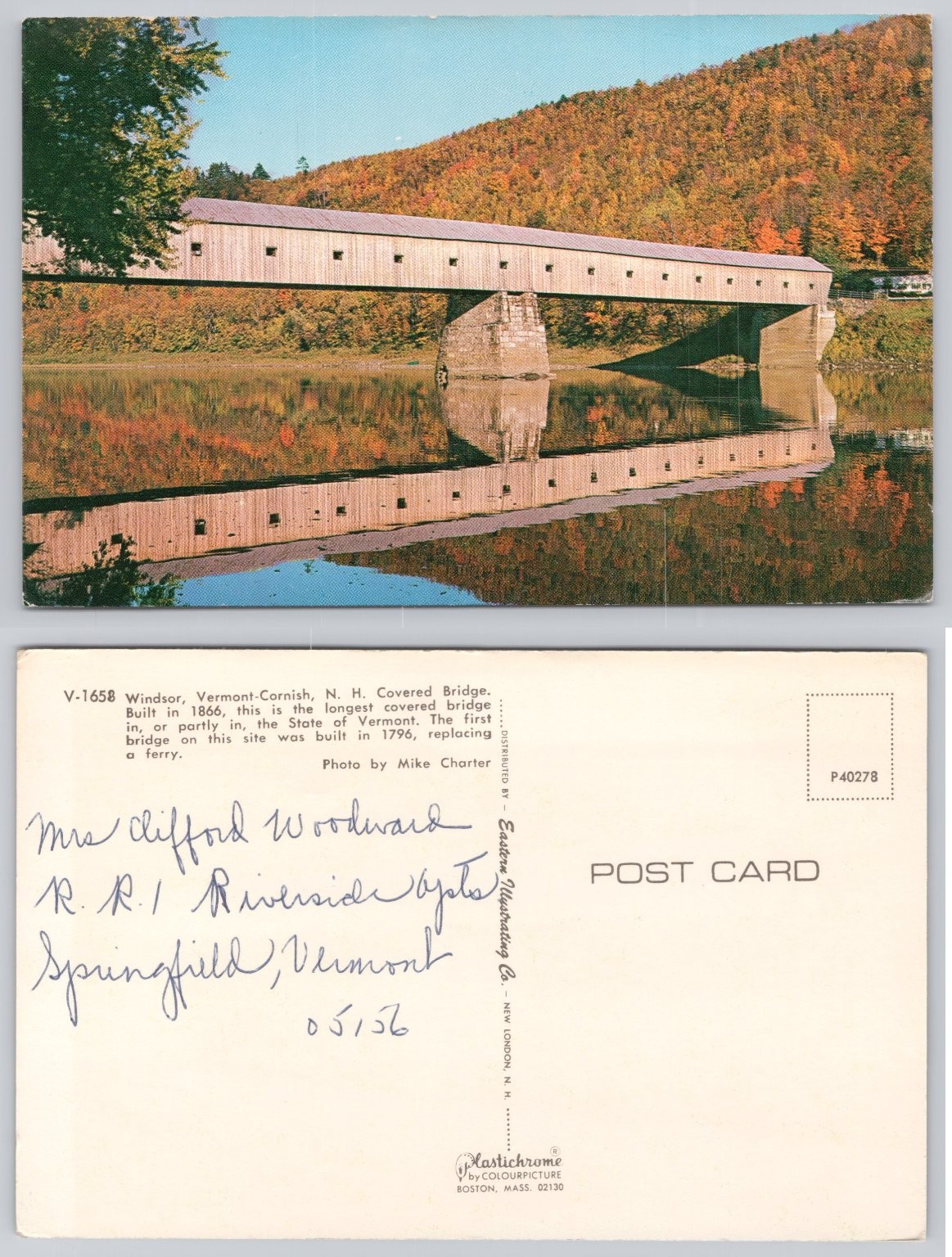 Windsor-Cornish Covered Bridge VT NH Plastichrome Postcard Autumn V-1658 Windsor-Cornish Covered Bridge VT NH Plastichrome Postcard Autumn V-1658