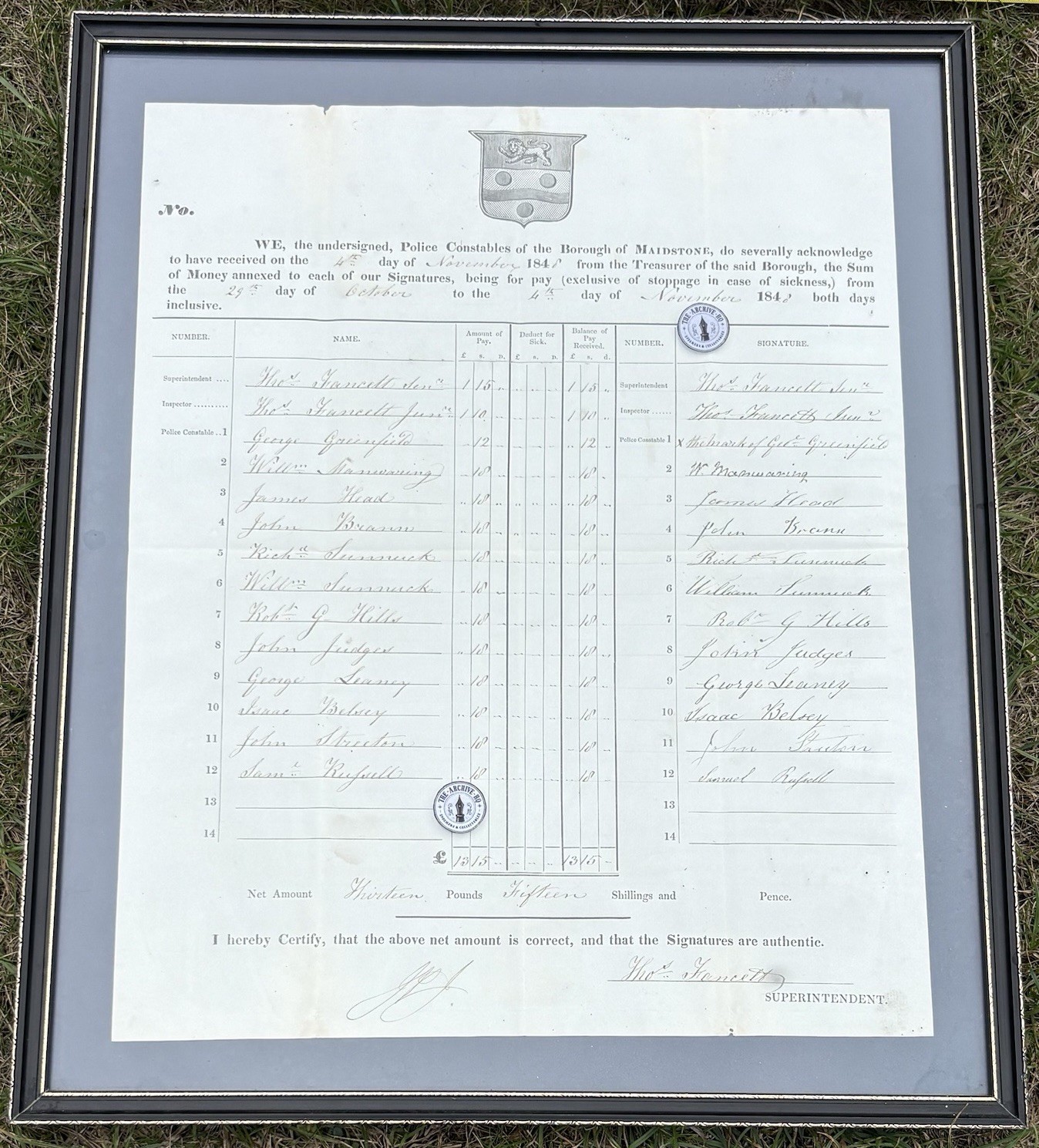 An Original 1848 Maidstone Borough Police Force Constables Pay Document History